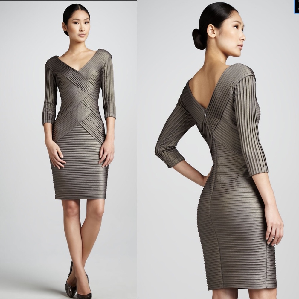 Tadashi Shoji Three-Quarter-Sleeve Pleated Metallic Cocktail Dress Size L NWT